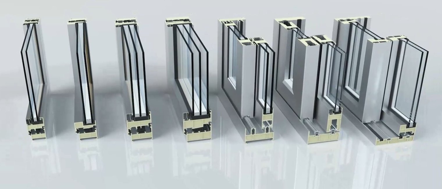 The F-Series fiberglass profile family in cross-section, from fixed and casement windows to sliding and lift-slide doors